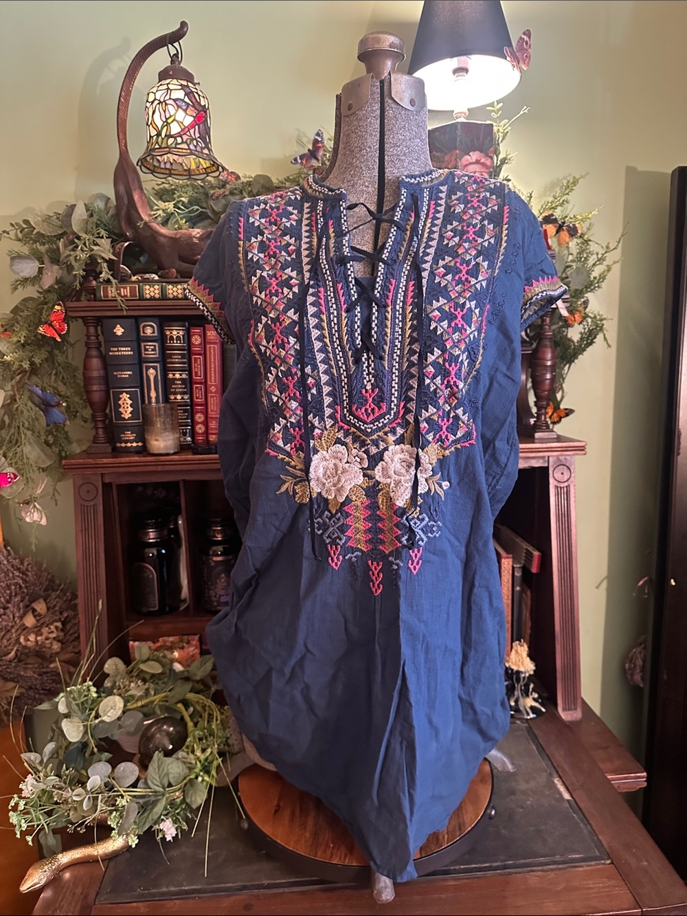 Johnny Was Workshop Midnight Rose Embroidered Lace up Tunic Top Dress Small S